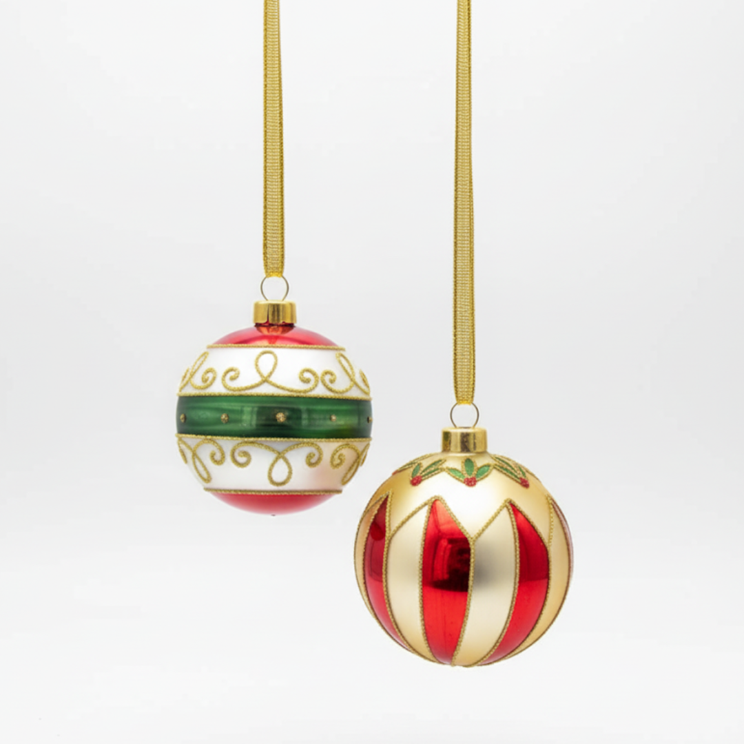 Palle di Natale Oro Rosso e Verde - Set di 2, in vetro soffiato